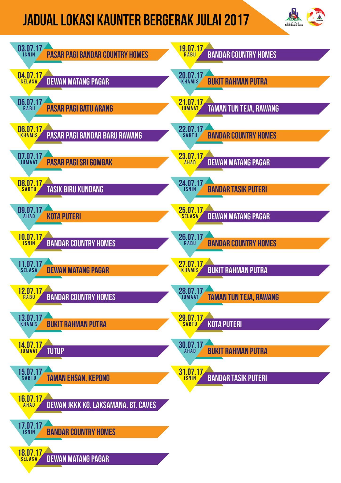 Jadual Kaunter Bergerak Julai & Ogos 2017  Portal Rasmi 