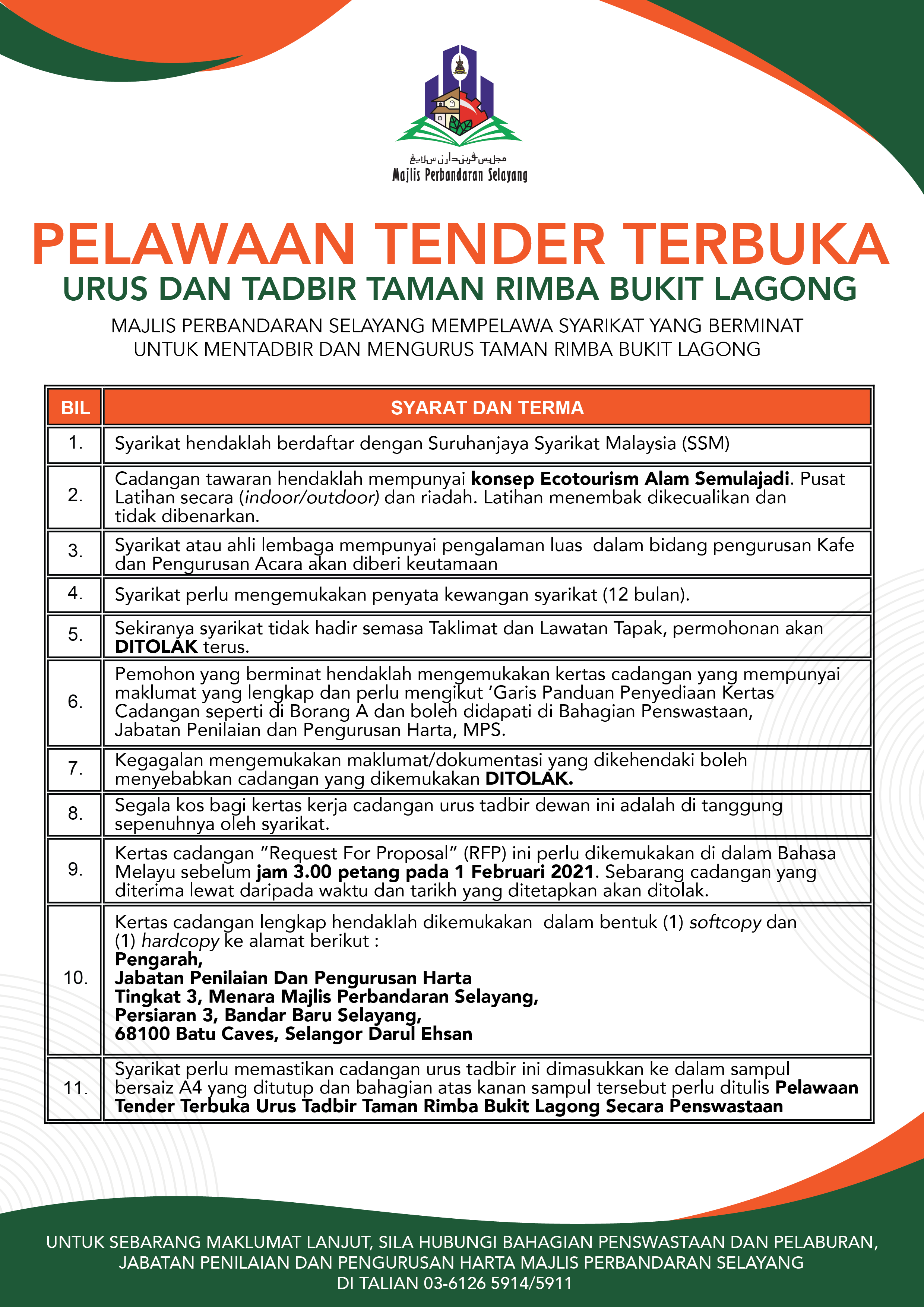 Pelawaan Tender Terbuka Urus dan Tadbir Taman Rimba Bukit Lagong 3