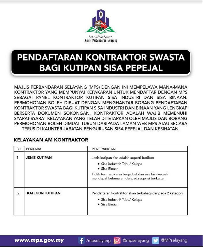 Pendaftaran Kontraktor Swasta Bagi Kutipan Sisa Pepejal 